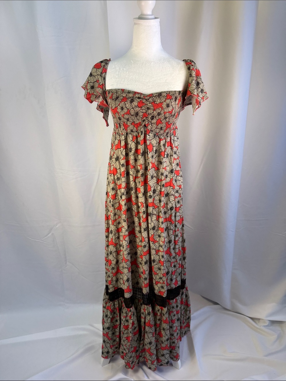 Smocked Floral Maxi Dress in Red and Cream